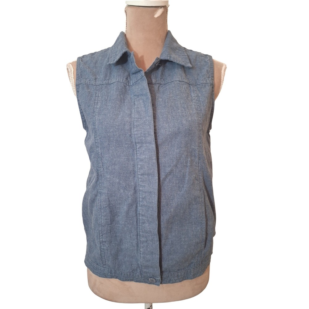 Vtg Christopher & Banks Blue Linen Cotton Sleeveless Button Front Vest Small